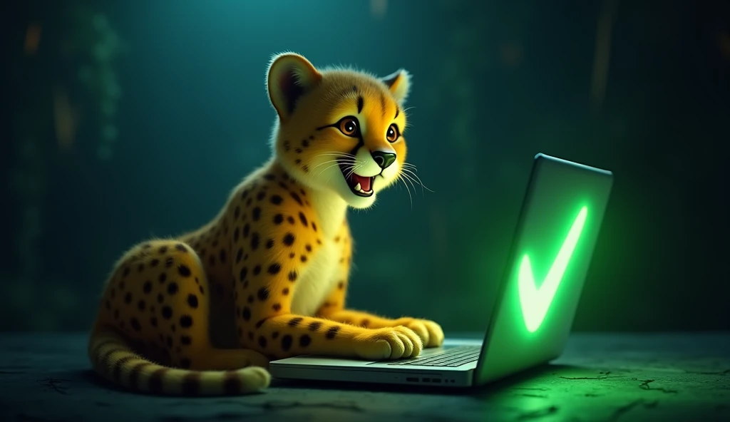 A happy cheetah sitting in a dark space next to a laptop and looking at a bright green tick