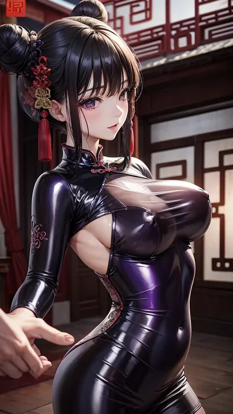 A see-through latex Chinese dress that is tight around the chest and shows off the nipples with a purple glossy obscene pattern.(red)、Small breasts、chinese style architectural background、child()、Bun Hair, 