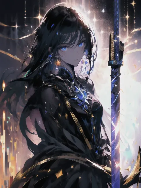 Holding a one-handed sword、Please take the black sword.、((masterpiece, highest quality, Super detailed, High resolution)), alone, beautiful girl, shining eyes, perfect eyes, , black white gold theme,