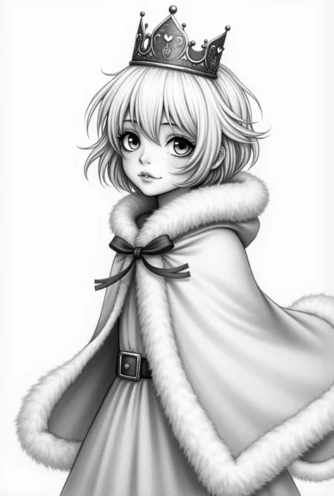 Create a girl with short hair wearing a Santa Claus cape and a crown, In black and white and a pencil drawing.