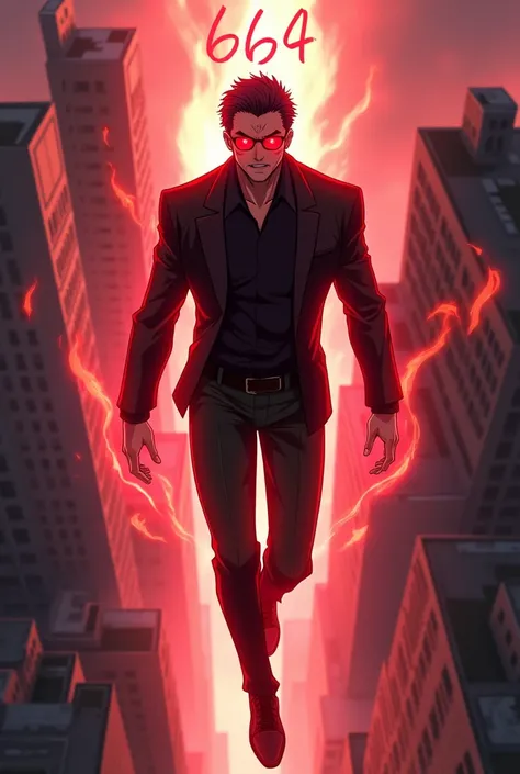 Create a 40 year old man with short black hair and glasses, wearing a shiny black outfit, black pants and black dress shoes. He has a red demonic aura that glows brightly around him., and his eyes are red and menacing. The man is floating above the city du...