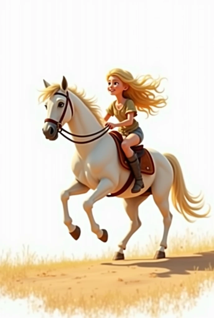 Image with white background in Pixar A blonde-haired country girl riding a white horse