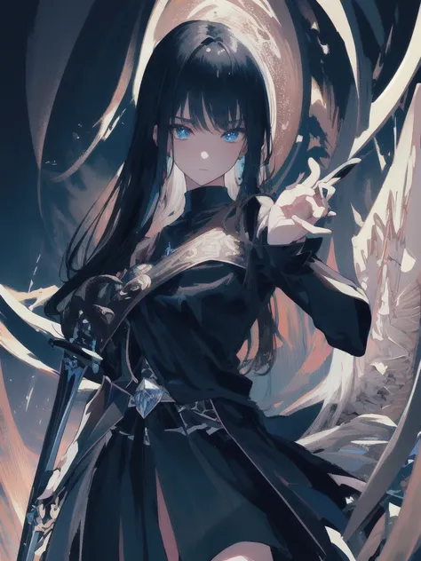 Holding a one-handed sword、Please take the black sword.、((masterpiece, highest quality, Super detailed, High resolution)), alone, beautiful girl, shining eyes, perfect eyes, , black white gold theme,