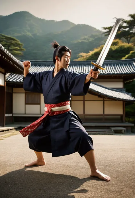 masterpiece, of the highest quality, raw photo, Realistic photos, Holding a Japanese sword in his right hand., Attacking an enemy with a Japanese sword, Hitting the viewer, Looking at the audience, Japanese samurai, with a Japanese kimono, wide angle shot,...