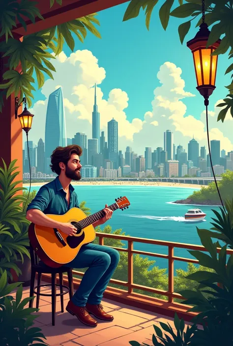 CRIE ESSA CHARGE

**Scenario:**  
A singer with a guitar is playing in a little bar by the sea, with a small relaxed audience. He sings a soft lyric, typical of Bossa Nova, while in the background, modern buildings and chaotic traffic appear, representing ...