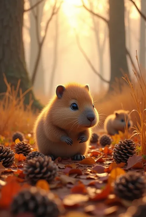 Cute baby capybara collecting pine cones in an autumn forest covered with fallen leaves, A capybara creeping through the tall grass in the distance, Detailed and realistic landscapes, Vibrant Fall Colors, Natural light, high quality, Cinematic, Photorealis...