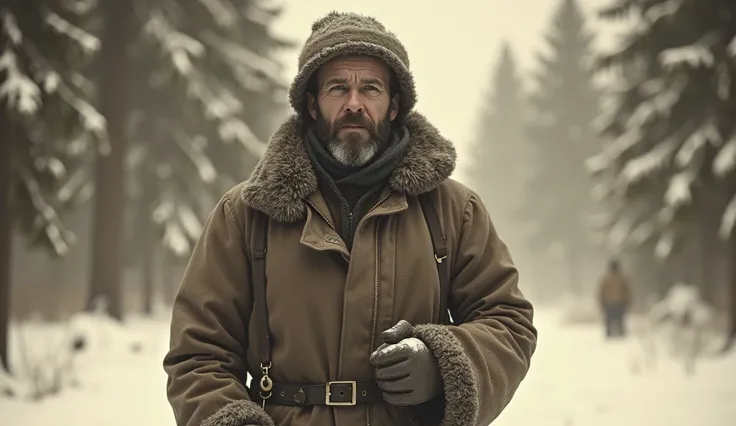 A vintage photograph of a rugged explorer, Bob Venis, dressed in old-fashioned winter gear from the early 1920s. He stands against a backdrop of dense, snow-covered forest. His expression is one of determination and wonder. The setting is a midwestern fore...