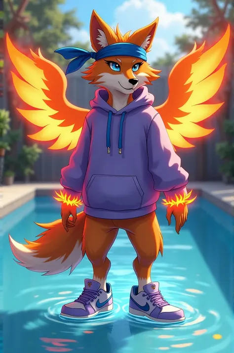 Orange wolf species orange fur, hair blue, Dark circles, Flaming blue eyes, headband, blue bandana, Flaming Cuffs Purple Colored Shirt, lilac sweatshirt , pants without rips, e Tenis da Nike, wings, posing sexy in the pool. young anime version