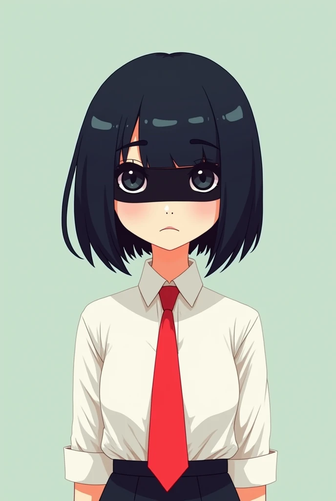 Make a cartoon-style character with short black hair and faceless bangs with eyeliner on the eyes, wearing a white dress shirt with a red tie. 