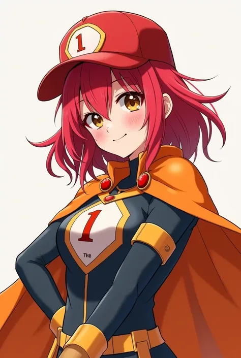 girl with a superhero style outfit without a plain moon color symbol and with an orange cape, red hair and a red trucker cap with the red number 1 on the white part of the front of the anime style cap
