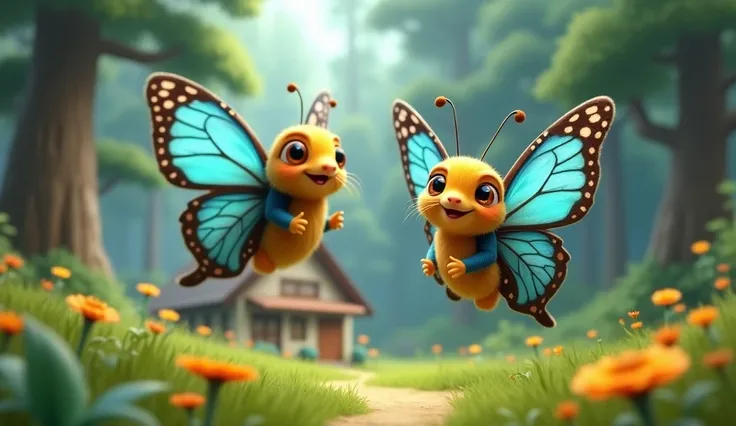 beautiful butterflies with blue wings and golden big eyes and wearing a jacket and flying in the forest and smile face and background has a house for butterflies with 3D cartoon animated