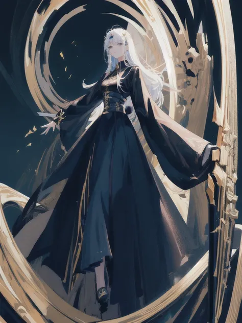 Holding a one-handed sword、Please take the black sword.、((masterpiece, highest quality, Super detailed, High resolution)), alone, beautiful girl, shining eyes, perfect eyes, , black white gold theme,