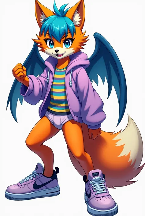 Orange wolf species orange fur, hair blue, Dark circles, Flaming blue eyes, colored stripe colored shirt, lilac sweatshirt , Nike underwear and sneakers, wings, posing sexy  . young anime version