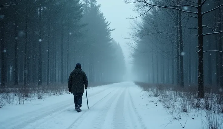 An early morning shot of a snowy trail with Bob Venis walking into the distance. The snow is lightly falling, creating a soft curtain around him. The forest is dense and dark, with towering trees and a chilling stillness. The mood is one of quiet determina...