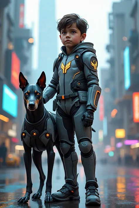 A  boy in supersuit cyborg, robotic and behind him a robot cyber dog in standing 
