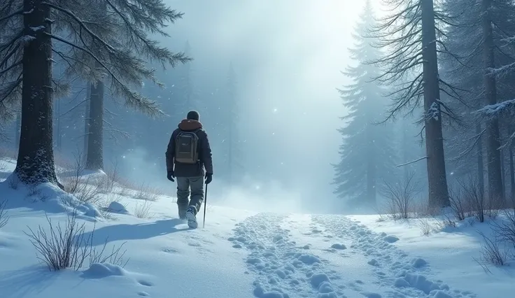 A wide shot of a snow-covered forest with Bob Venis trudging through deep snow. The trees are tall and imposing, and the snowflakes create a textured effect. Bobs breath is visible in the cold air, and the scene is enveloped in a heavy, oppressive fog. The...