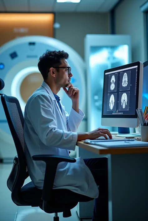 An image of a biomedical scientist sitting comfortably in an office chair, with an MRI and CT scan. 
