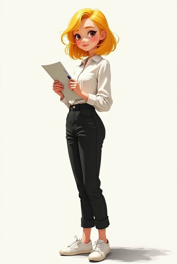 create a yellow haired woman image, with black pants, white blouse and white sneakers, with sheets of white paper and pen in hand, not Disney Pixar style