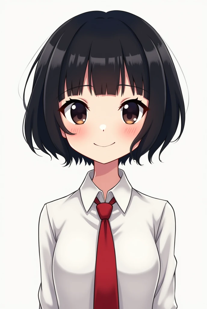 Make a png character in cartoon style with short black hair with bangs with only eyes with eyeliner wearing a white dress shirt with a red tie 