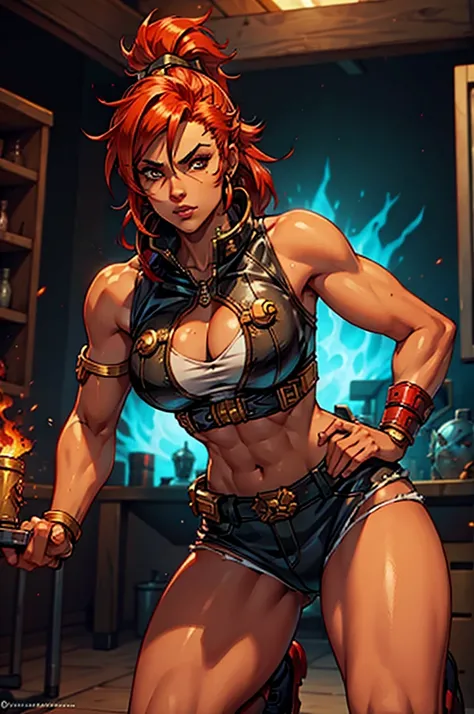 female, fit, warhammer 40k, portrait, fire hair, crazy, tanned
