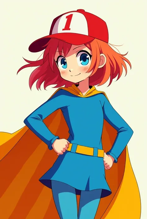 girl with a superhero style outfit without a symbol, bright blue color, plain and with an orange cape, red hair and a red trucker cap with the red number 1 on the white part of the front of the cap, anime style
