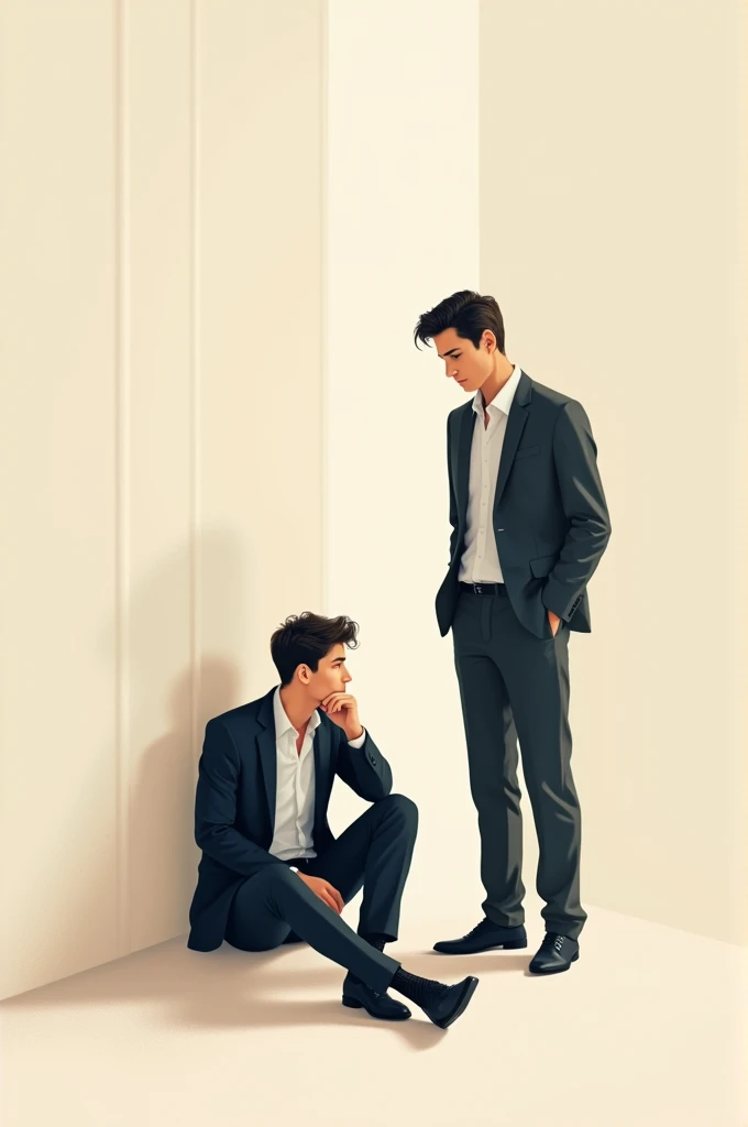 A young man in a suit sitting in a corner thinking and his husband looking at him tenderly. Minimalist vector illustration 