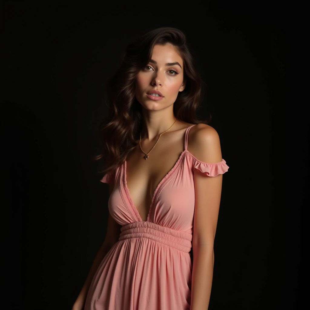 belle italienne, 18 ans, brune, Lola Mancini, peau ultra réaliste, cheveux ondulés, petit nez, regard profond, yeux bruns, corps entier, debout, effet vintage, vue du corps entier, robe rose, décolleté, fond noir, pose sexy 