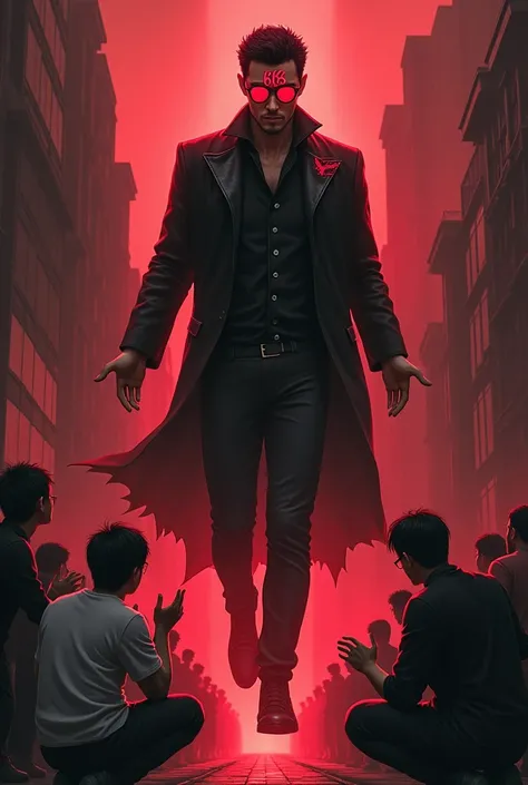 Create a man with short black hair and glasses, wearing a shiny black outfit, black pants and black dress shoes, floating above the city during the day. He has a red demonic aura and red eyes., with the number "666" written in red on his forehead. Ao redor...