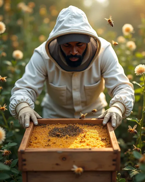  black man in beekeeper&#39;s outfit opening a hive full of bees