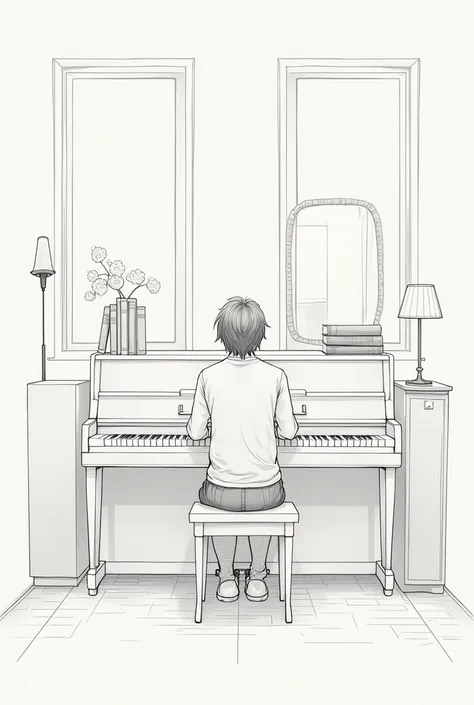 Create a drawing with the following characteristics: A piano - One or two people. - A mirror - Two windows. - A lamp. - Three books. That it doesnt have so much detail and that its like a pencil drawing.Dont change the drawing, just make her play the piano...