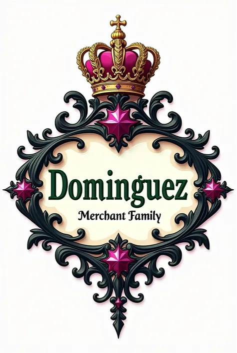 green colored letters, rosa, purple, white, black with the word Dominguez Merchant Family with crown without background