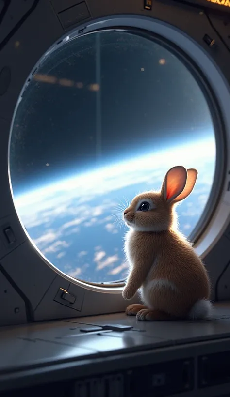 The spaceship launching into the sky, leaving Earth behind, with Little Rabbit looking out the window, wide-eyed.