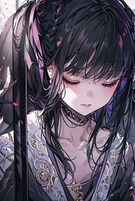 Girl carrying a coffin,Textured skin, Highest quality, Half-up hairstyle, Closed eyes, Sensual,Transparent lips,Black Hair, Shiny Hair, Character portrait, Anime Style, 