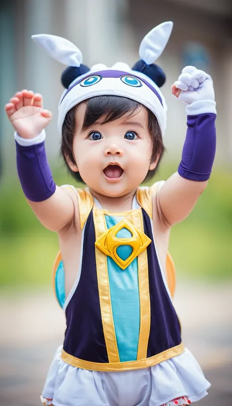 cute baby, cosplay, arms, hands ,cute eyes, looking at viewer, arms up, cute clothes, flawless, blur background