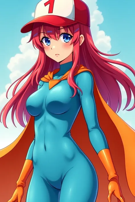 girl with a superhero style outfit without a symbol, plain neon blue color and an orange cape, long red hair and a red trucker cap with the red number 1 on the white part of the front of the anime style cap
