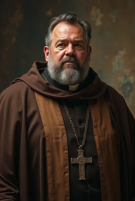 A man (fifty years old) corpulent, with a serious face and appearance and brown hair, brown eyes dressed as a priest