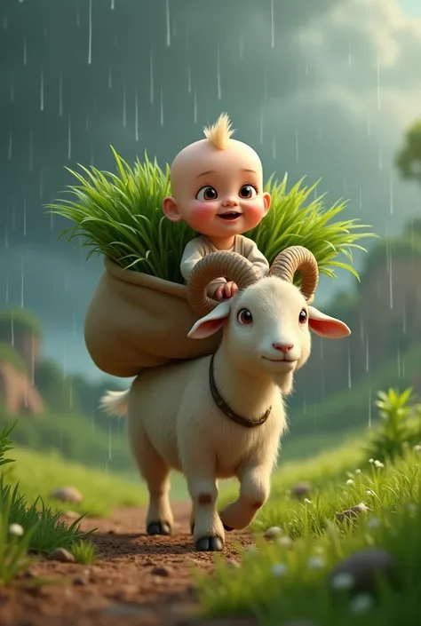 3D animated image of a baby riding a goat while carrying a sack filled with green grass with shades of rain and dirty soil
