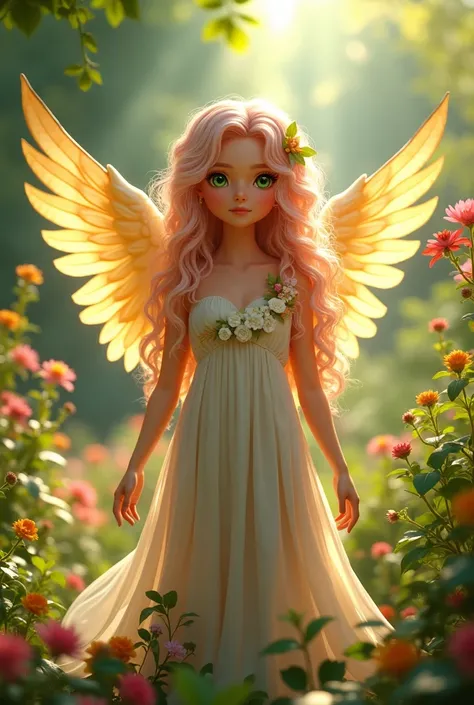 Appearance: An angel with long, curly, pinkish-blonde hair, with a delicate flower pinned to one of the bunches. His eyes are a vibrant green, with a natural and intense shine. The hair has a soft shine, reflecting the light around you.
wings: Long and gol...