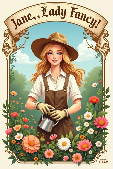 Create a label for a 200ml agricultural product called “Jane, Lady Fancy!” with the illustration of a beautiful blonde gardener taking care of flowers 