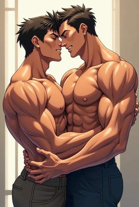 2 Young men in shorts, muscular, sweaty, anime style, having sex, one on top of the other with a look of pleasure