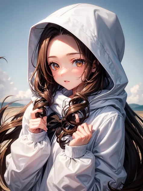 One girl,White hoodie,hood down,Brown Hair,High resolution,Highest quality,Long Straight Hair,Curly Hair,brown eyes, Forehead