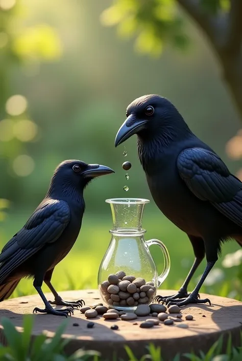 The Clever Solution**
   - **Background:** The garden with scattered small stones around.
   - **Foreground:** The crow dropping small stones one by one into the pitcher.