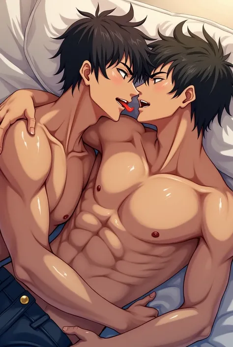 2 Young men in shorts, muscular, sweaty, anime style, having sex, one on top of the other with a look of pleasure, lying down, with tongue out