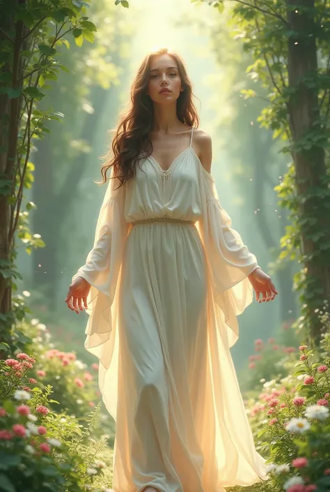 Woman in beautiful white robes Medium length almost long brown hair Barefoot Looking around a beautiful garden of the heavenly mansions of the kingdom of God. 
From the front Dress with straps and boat neckline more decent Dress without slit Touch of natur...