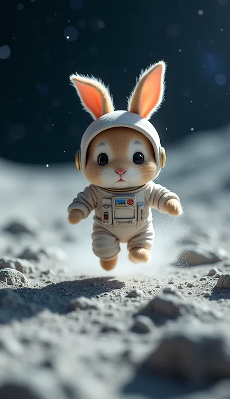 
Little Rabbit bouncing high on the moon in its spacesuit, the lunar landscape stretching out under a dark sky filled with stars.