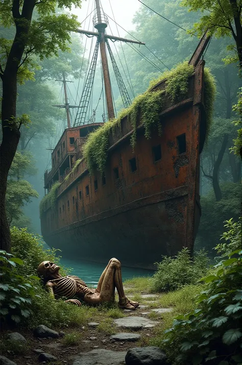 Rusted ship and human skeleton in the forest 