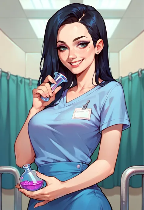 A black long-haired woman wearing a t-shirt holding a flask in her hand , Smiling while looking at his own hands ,hospital, beautiful face