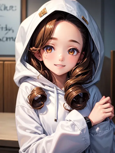 One girl,White hoodie,Hood Down,Brown Hair,High resolution,Highest quality,brown eyes, Forehead,Gentle Smile,Mole Under eye,Medium hair,Curly Hair,