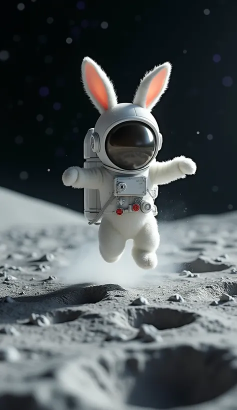 
Little white Rabbit bouncing high on the moon in its spacesuit and big covered helmet, the lunar landscape stretching out under a dark sky filled with stars.