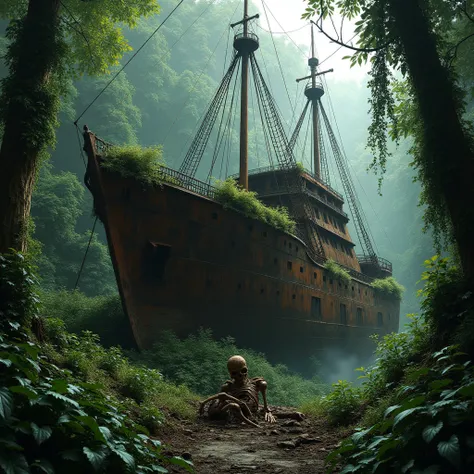 Rusted ship and human skeleton in the forest 